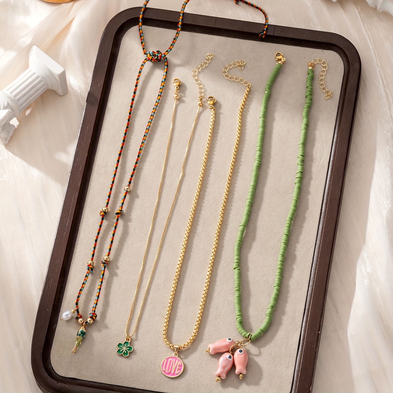 Image of 4pcs Elegant Women's Fashion Pendant Necklace, Bohemian Ceramic , Metal Flower, Pink Love Round Tag Pendant Polymer Clay Beaded Stacking Necklace, Daily Vacation Music Festival Jewelry Accessory