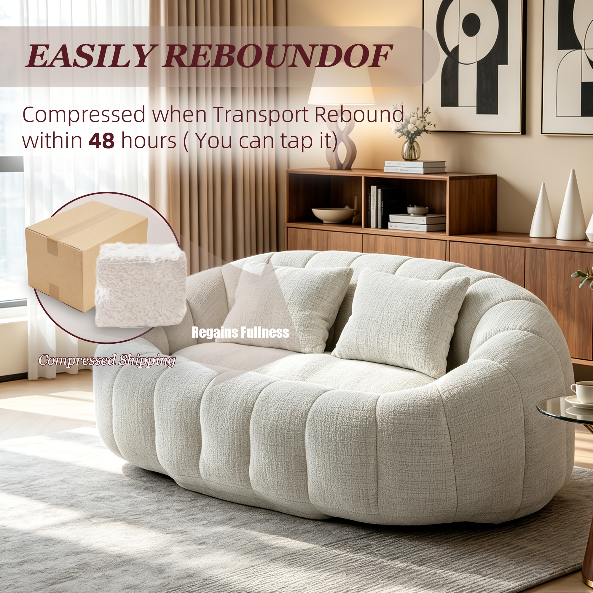 Oval Padded 2-Seat Beanbag Chairs, Upholstered Bean Bag Couch with 2 Pillows And Wrap-Around Backrest, Gaming Loveseat Sofa, Chenille Fabric Lazy Floor Beanbag Chair