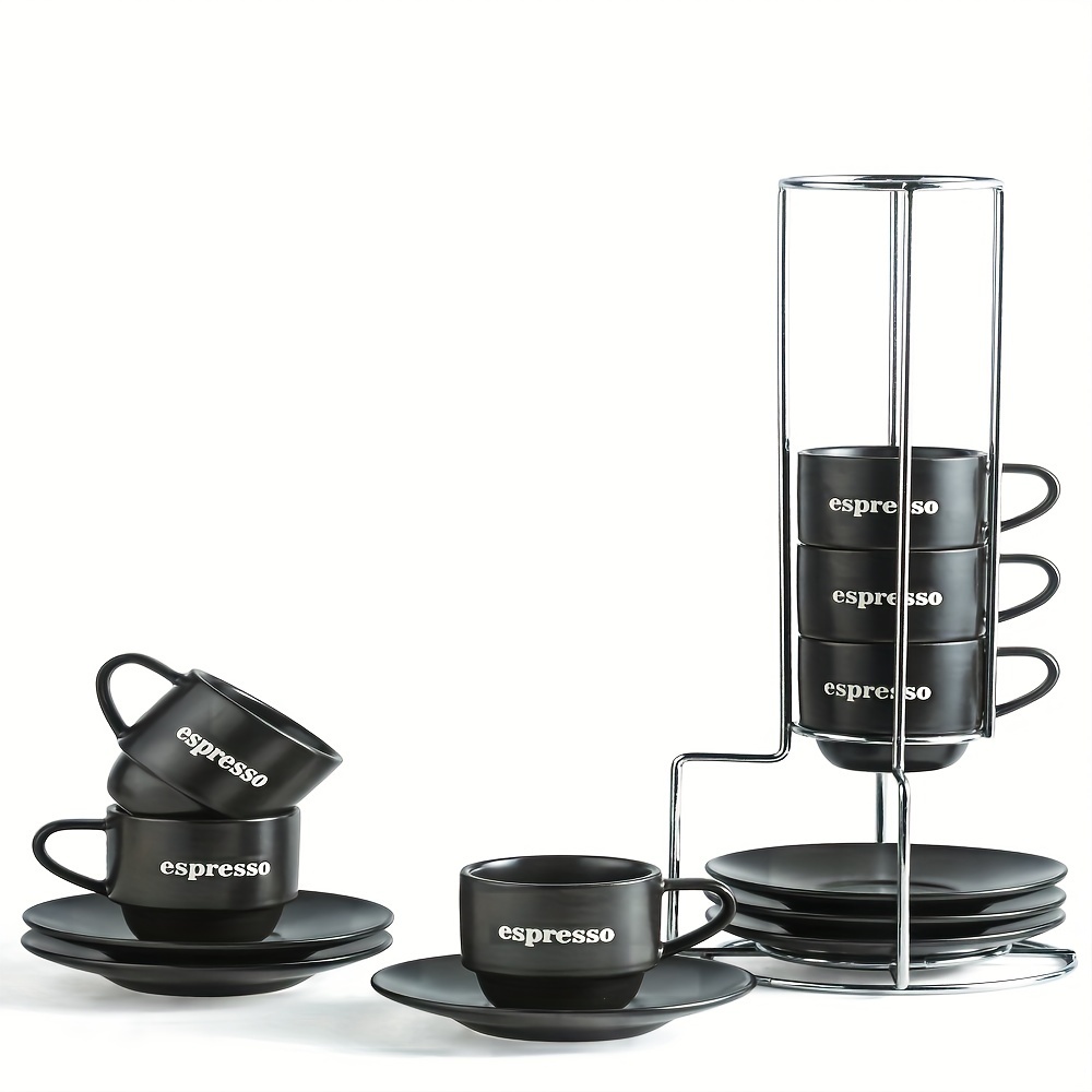 

6-piece Espresso Cups & Saucers Set - 4oz Porcelain Demitasse Mugs With Metal Stand, Stackable For Latte, Cappuccino, Tea - Dishwasher Safe, Reusable