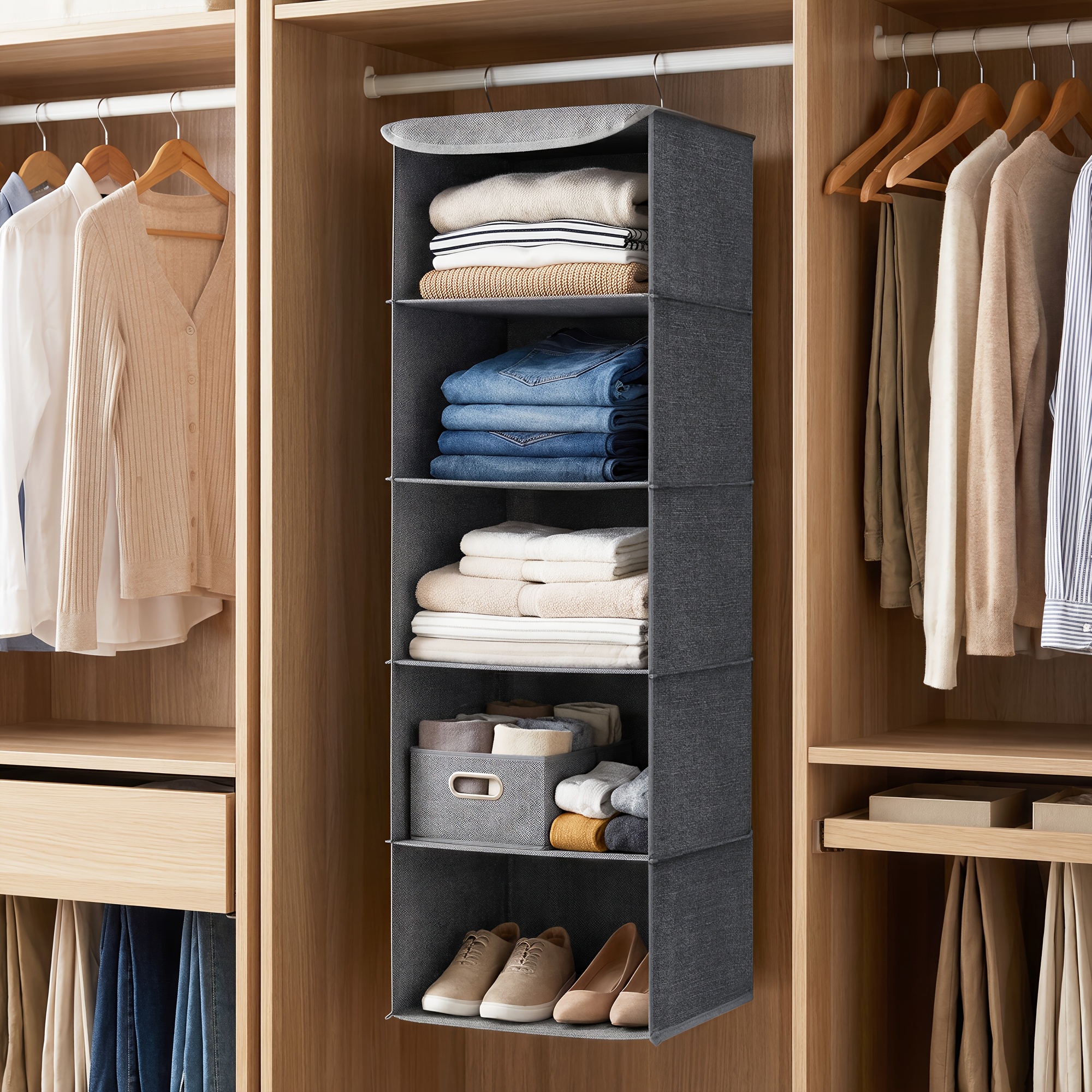 Cabinet Organizer 2pcs Set/ 1pc Set, Hanging Shelf, Foldable Storage, Bamboo Inserts, Gray