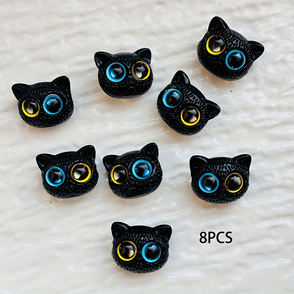 Image of 8pcs Cute Cat Head Resin Beads With Blue & Yellow Eyes, 2cm/0.8in Black Supplies For Necklaces, Bracelets & Craft Projects, Beads For Jewelry Making