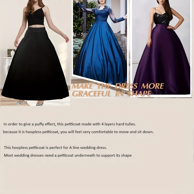 черная линия пышная юбка-пачка безшовная длинная пола поддержка для свадеб вечеринок костюмы на Хэллоуин ручная стирка полиэстер аксессуары для невесты полная длина внутренний подкладка детали 0