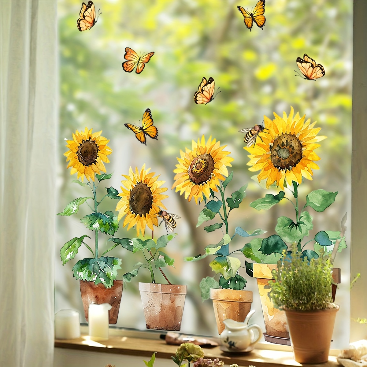 

Sunflower & Butterfly Window Cling - Reusable Pvc Decal For Bedroom, Living Room Home Decor