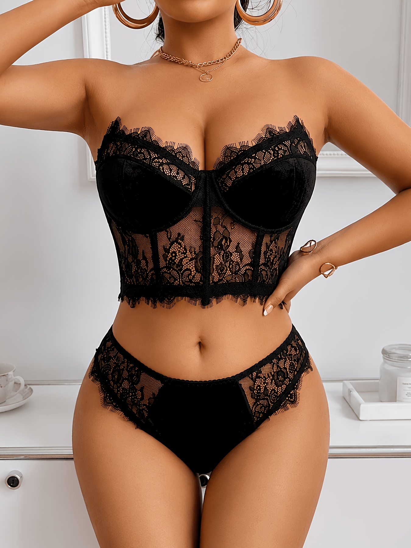 French Sexy Satin Lace Bra Set, Fishbone Waist-Cinching with Removable Straps And Gathering Bustier Style Hot Lingerie 2pcs Set
