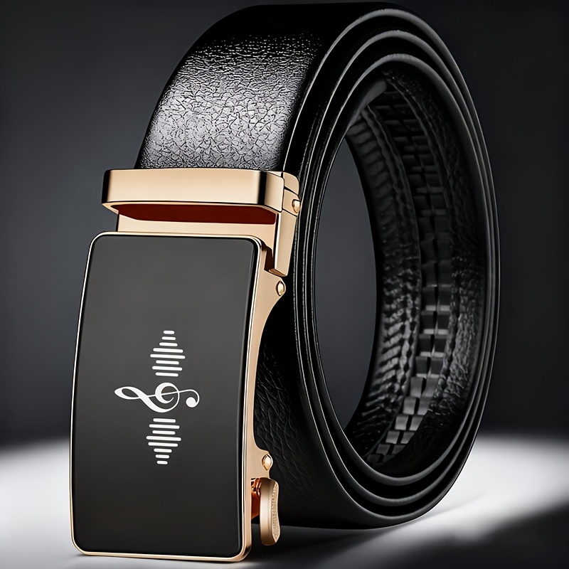 TEMU Men's Note Treble Clef Automatic Belt, Featuring A Music-themed Design With An Alloy Automatic And Black Belt Body. Smooth, Durable, And