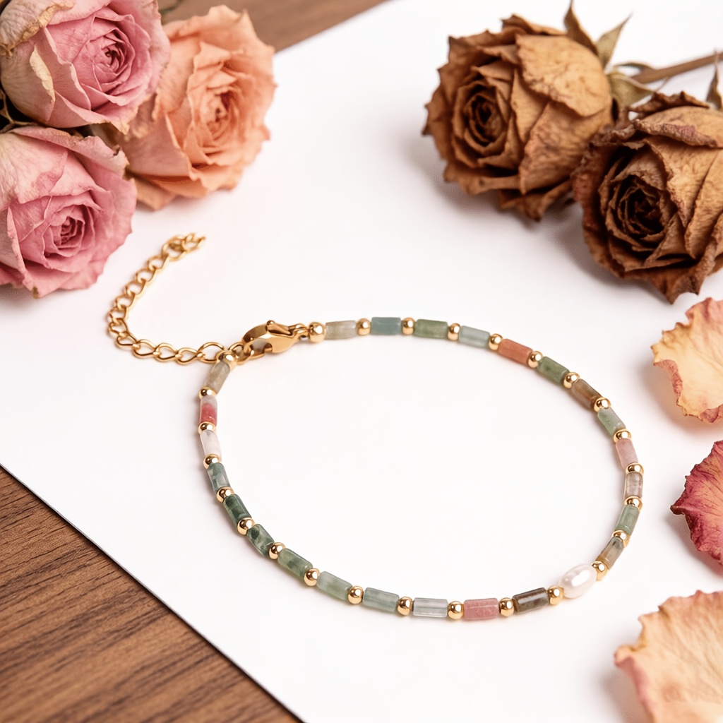 TEMU Bracelet 1 pièce minimaliste pour femme en petite agate d'Inde tubulaire avec perles d'espacement dorées et eau , accessoire ajustable et