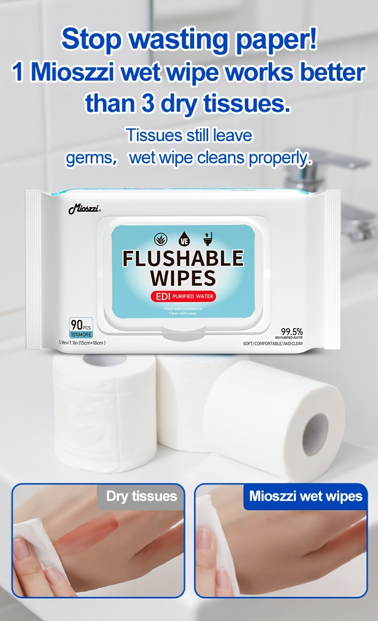 MIOSZZI Flushable Wet Wipes, 540 Wipes in Total (6 Packs of 90) - Safe for And Moms | Fragrance-Free | No Alcohol | Contains Aloe | Safe for Septic Systems | Family-Sized
