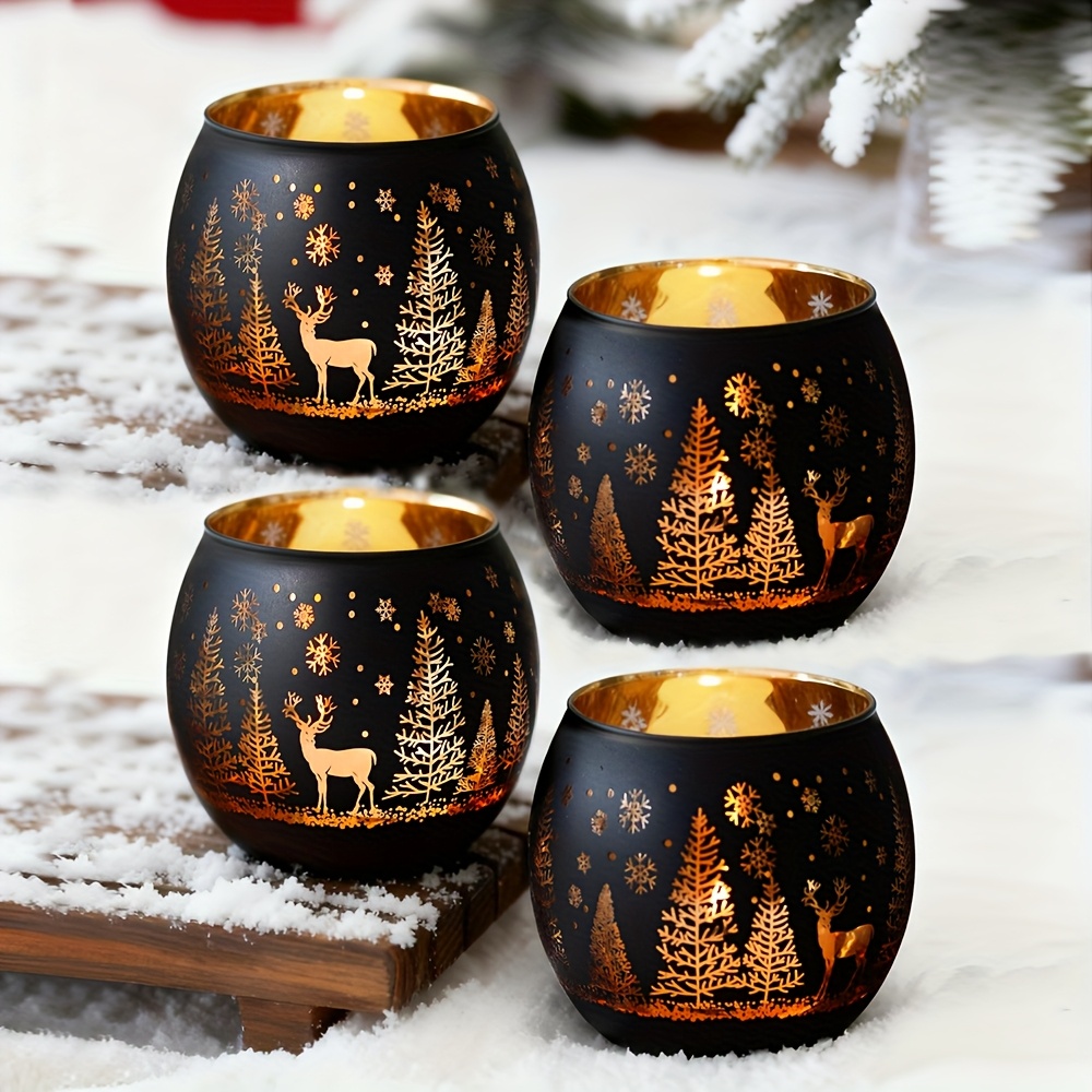 TEMU 4pcs Elegant Glass Candlesticks With Golden Accent - Nordic Modern Minimalist Reindeer & Pine , Dark Brown & Golden Finish, Perfect For