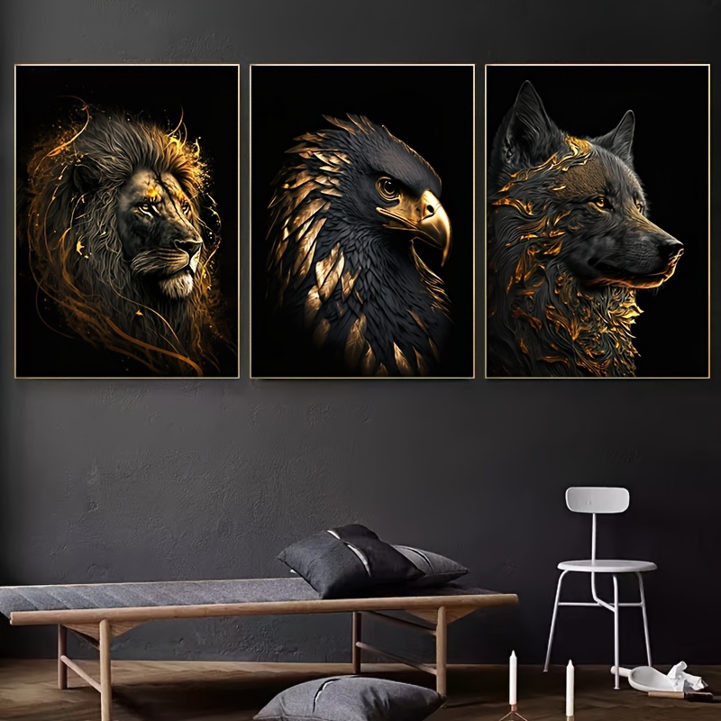 

3pcs Unframed Canvas Poster, Modern Art, Abstract Animals Poster, Golden Lion Wall Art Canvas Painting, Ideal Gift For Bedroom Living Room Corridor, Wall Art, Wall Decor, Winter Decor, Room Decoration