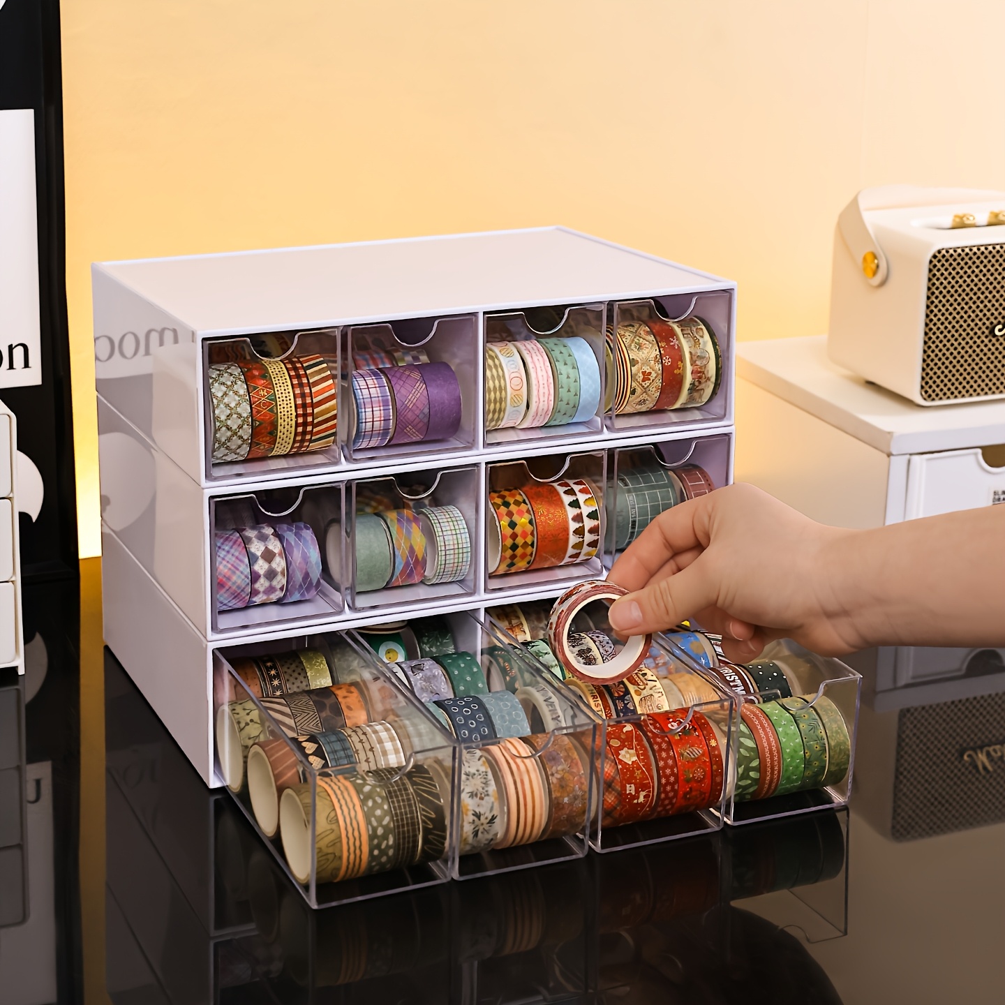 item picture a white layered stackable acrylic desktop organizer for tape   rolls and planner stickers suitable for office supplies craft materials jewelry desk drawer organizer for home storage