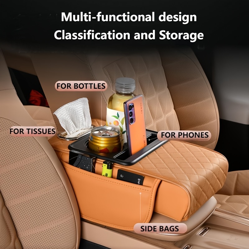 

Car Armrest Box Mat With Multifunctional Storage, With 2 Drink Holders, 2 Side Pockets, Of Partitioned Storage, In-car Storage, Small Item Storage, Pu Leather Pu Pu Leather Embossed Armrest Box Mat