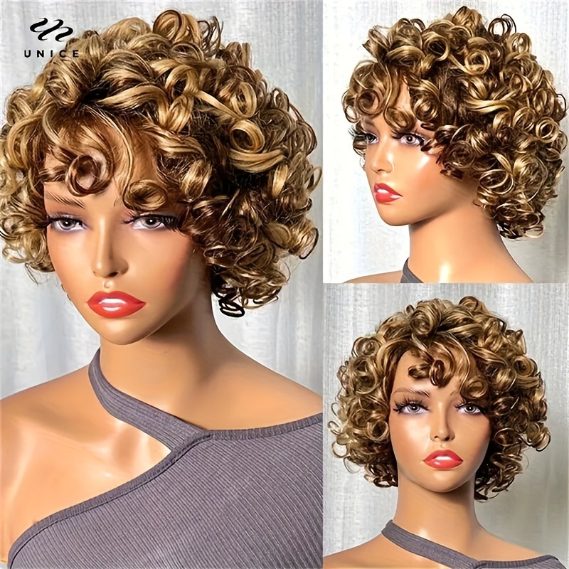 

Unice Hair Glueless Blonde Highlight Big Curly Fringe Wigs Machine Made Human Hair Wigs Curly Fluffy Wavy Wigs