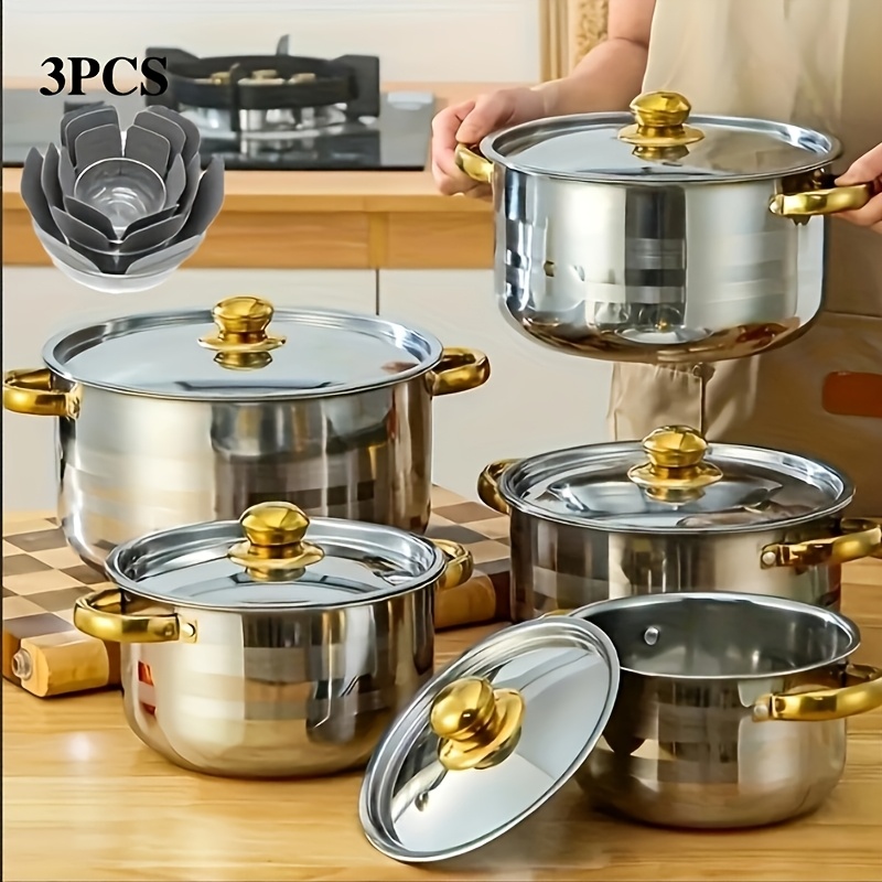 TEMU 10/12/1pc Stainless Steel Cookware Set - Kitchen & Dining Essential For Induction Cooking, , Ricotta Pot, Double Handle With Pot Lid, Suitable For Soup, , Pasta, , Rice Cooker