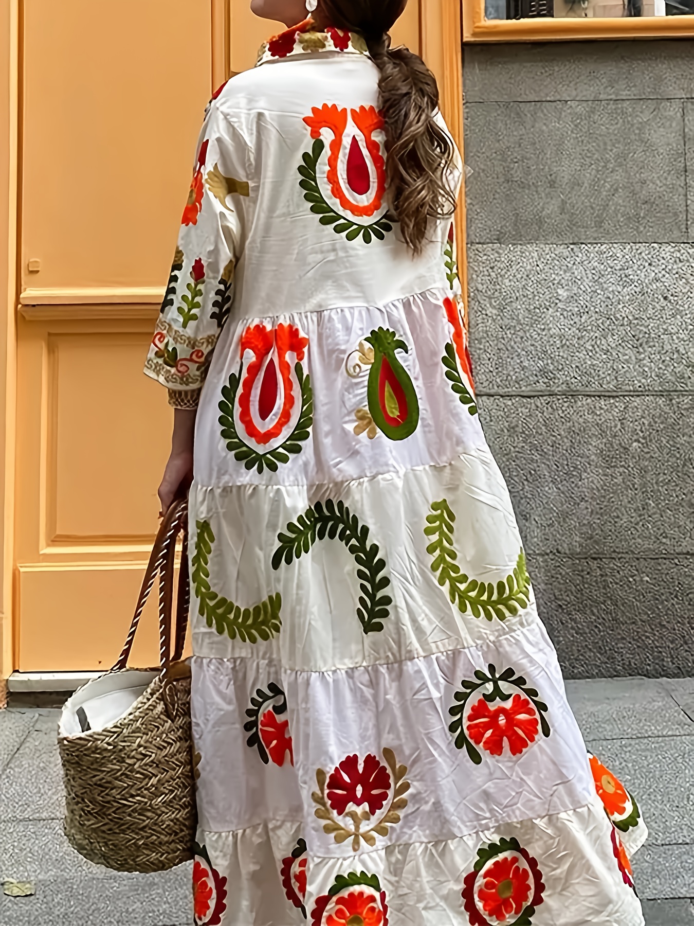 Women'S Boho Ethnic Floral maxi dress A-Line flowy party wedding guest  gown, Button-front closure, Floral print in Orange/Red Green for Beach Va - Main Image