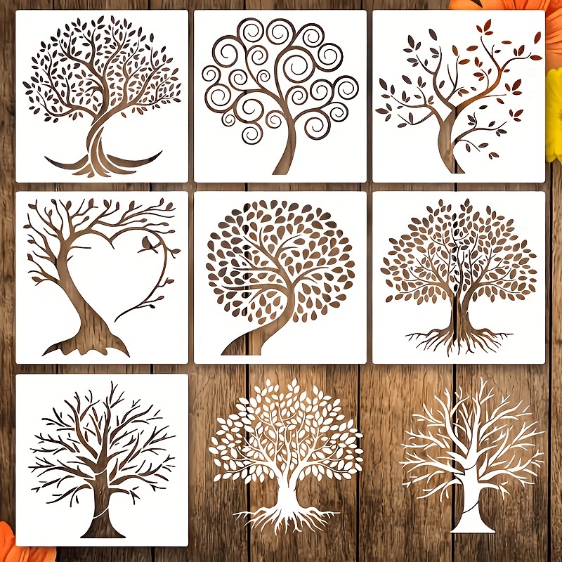 Image of 7pcs Tree Of Life Templates, Reusable Plastic Stencils For Wood Painting, Airbrushing, , Small Palm Tree Drawing Templates, Canvas Wall And Floor Decor, Arts Crafts And Ornaments