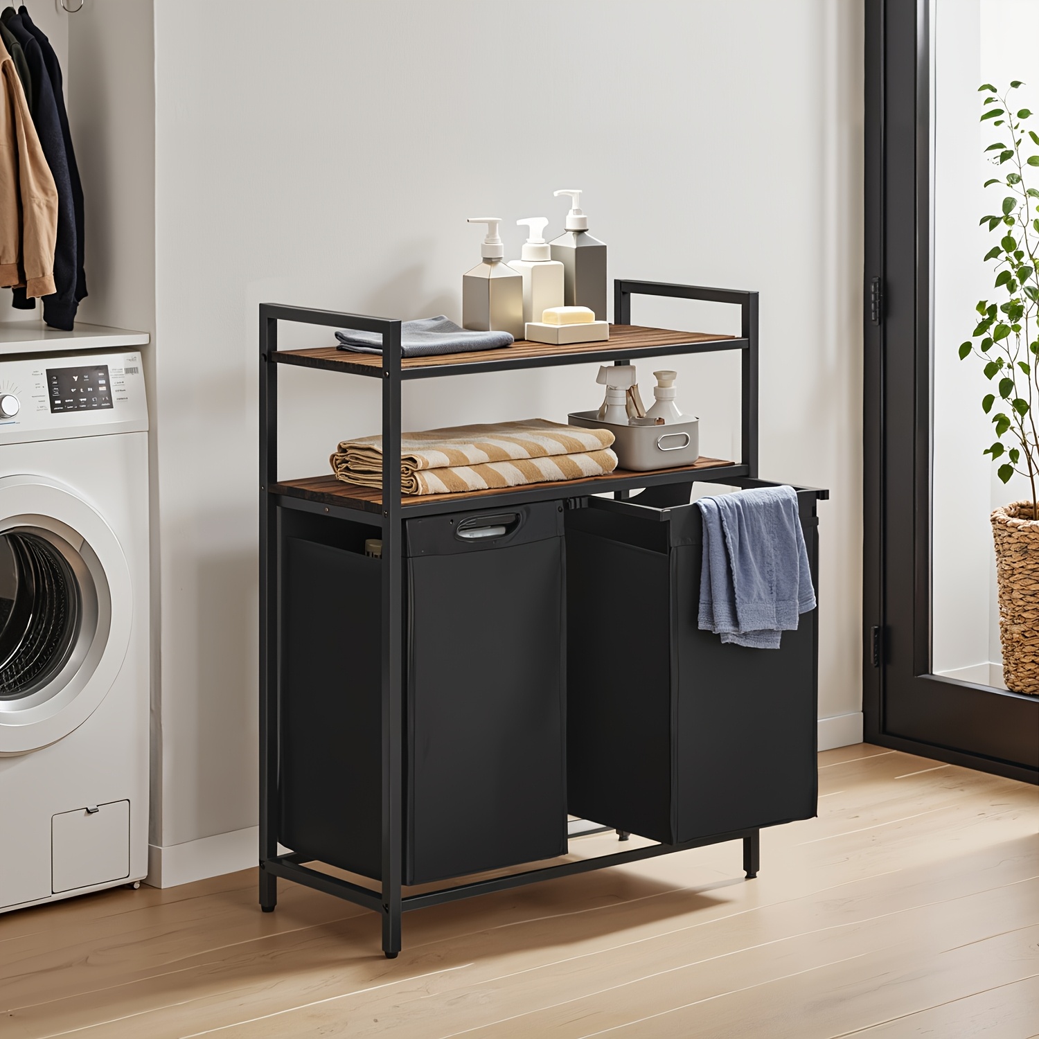Laundry Basket 2 Compartments, Laundry Collector With 2 Shelves, Laundry Bag Extendable And Removable, Laundry Sorter, 46 Per Bag, -black, Laundry Baskets