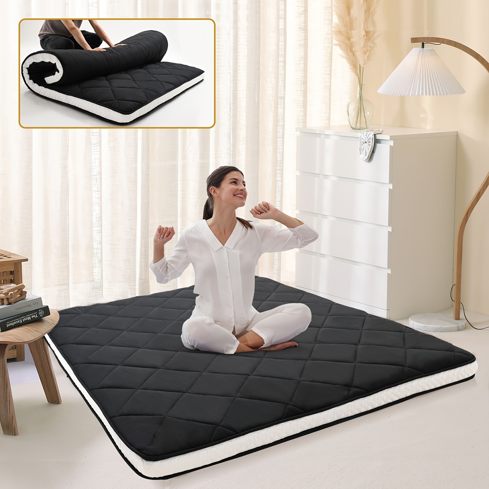 

Lilypelle 80" L×54" W Japanese Floor Futon Mattress, 4" Extra Thick Foldable Roll Up Sleeping Pad With Bandage And Storage Bag, Full Size, Black