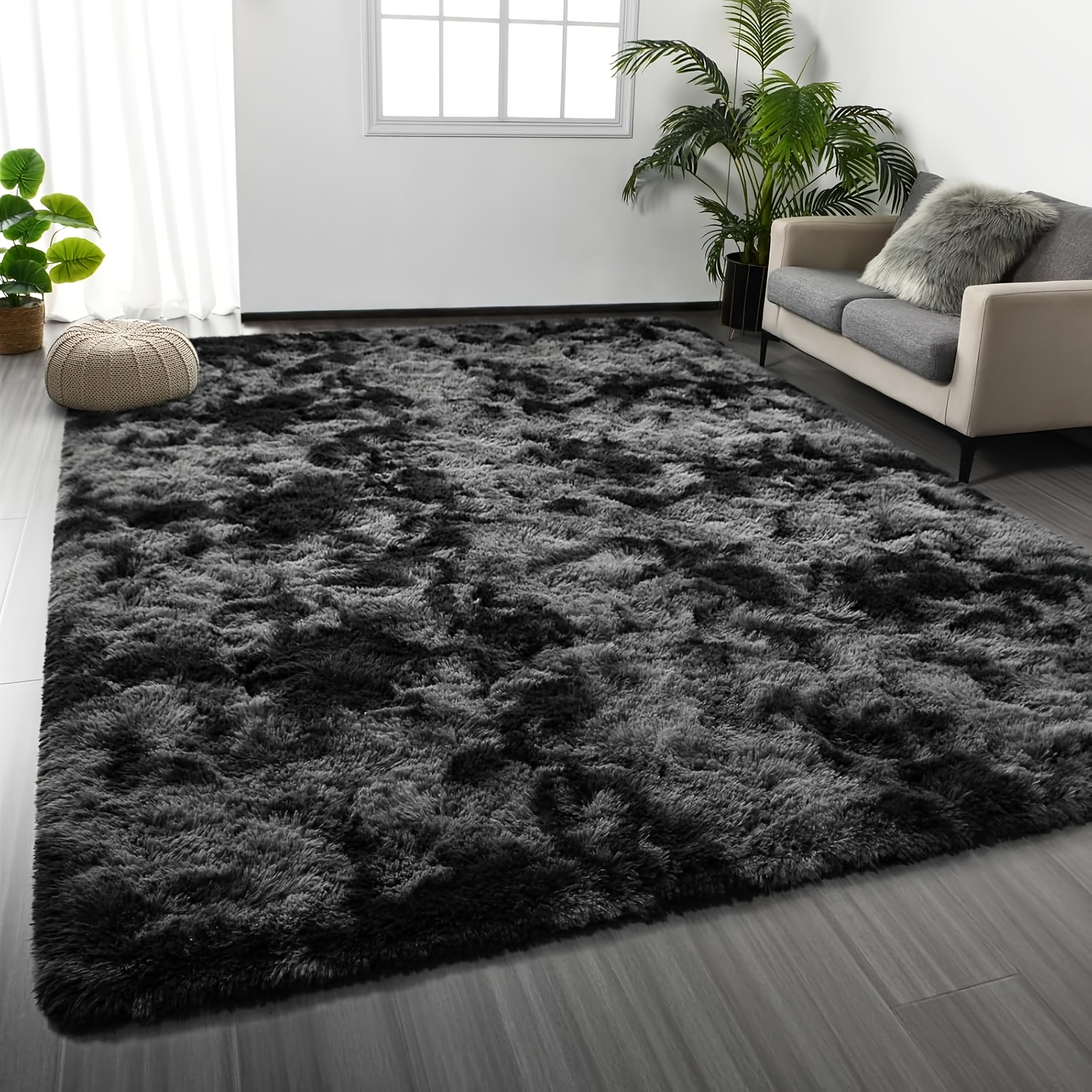 TEMU 1pc Luxurious Rectangular Shaggy Plush Carpet Rug - Soft, Fluffy, Tie-dyed, Solid, Dark-colored, Non-slip, Machine Washable - Perfect For Living