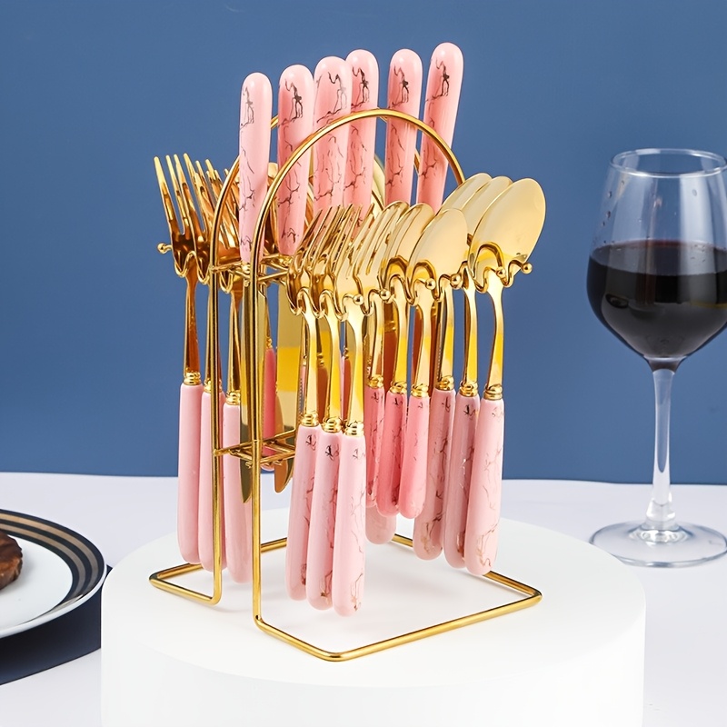 TEMU 24pcs Cutlery Set, Elegant Marble Pattern Multi-functional Tableware, Suitable For Restaurants And Desserts, Includes Dinner Forks, Soup Spoons,