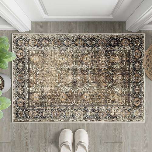 vintage washable soft area mat distressed low pile non slip machine washable mat with rubber backing 5x8 to 9x12 sizes for living room bedroom kitchen office bathroom decor