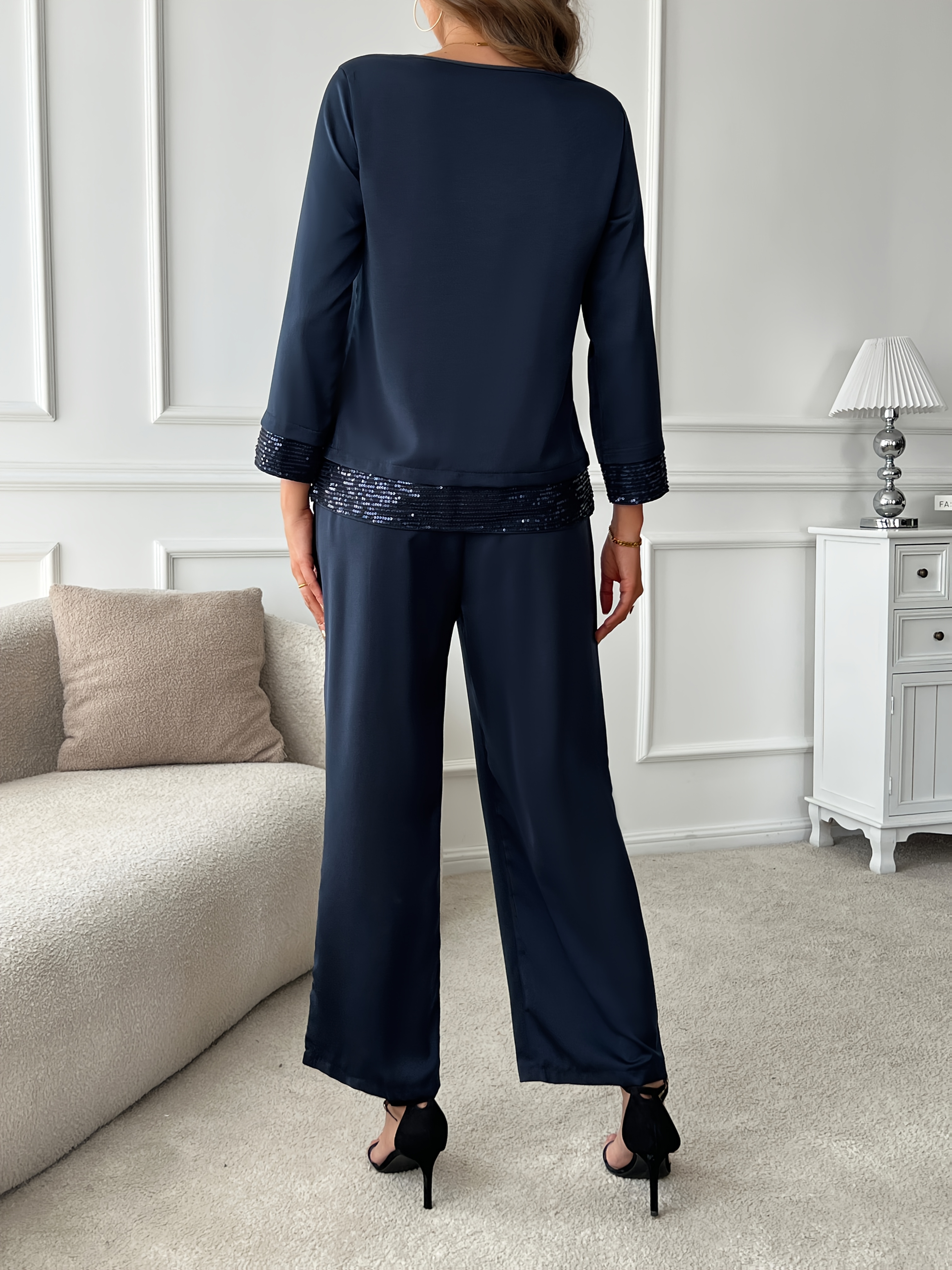 solid color lace   staff neck long sleeve top and pants elegant suit elegant special navy blue 2