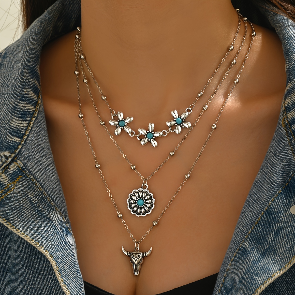 TEMU 3pcs et Chokers Superposés Bohèmes Western Vintage pour Femmes, Pendentifs Fleur Turquoise et Tête de , Adaptés pour , les Vacances, et les ,