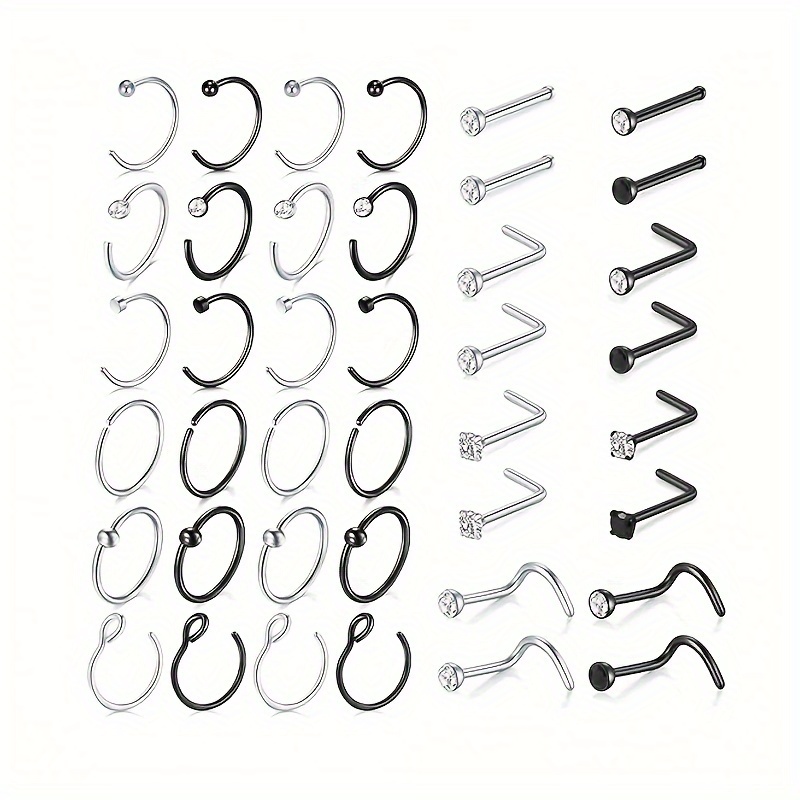 

40pcs 18g Nose Rings Hoop Nose Ring Stainless Stainless Steel Nose Rings Studs Shaped Nose Stud Nose Piercing Jewelry For Women Silver Rings