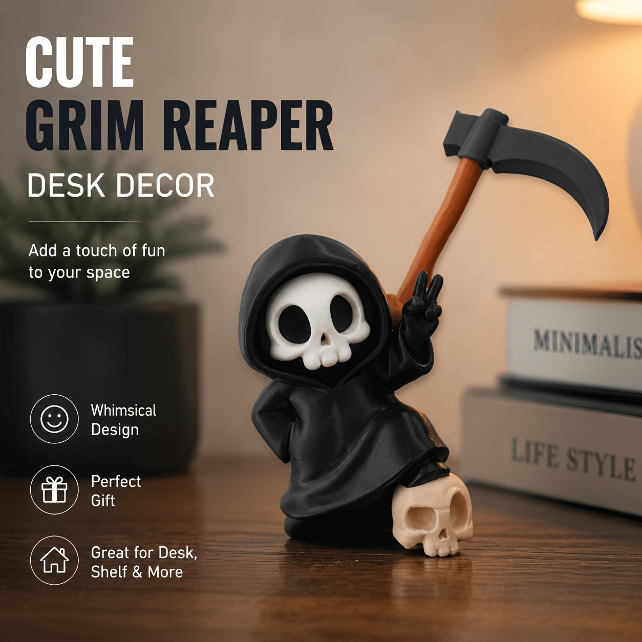TEMU Bie Sickle Reaper Ornamento Mini Estatua de Calavera Decoración de Escritorio Decoración de Escritorio Halloween Estantería Ornamento Regalo