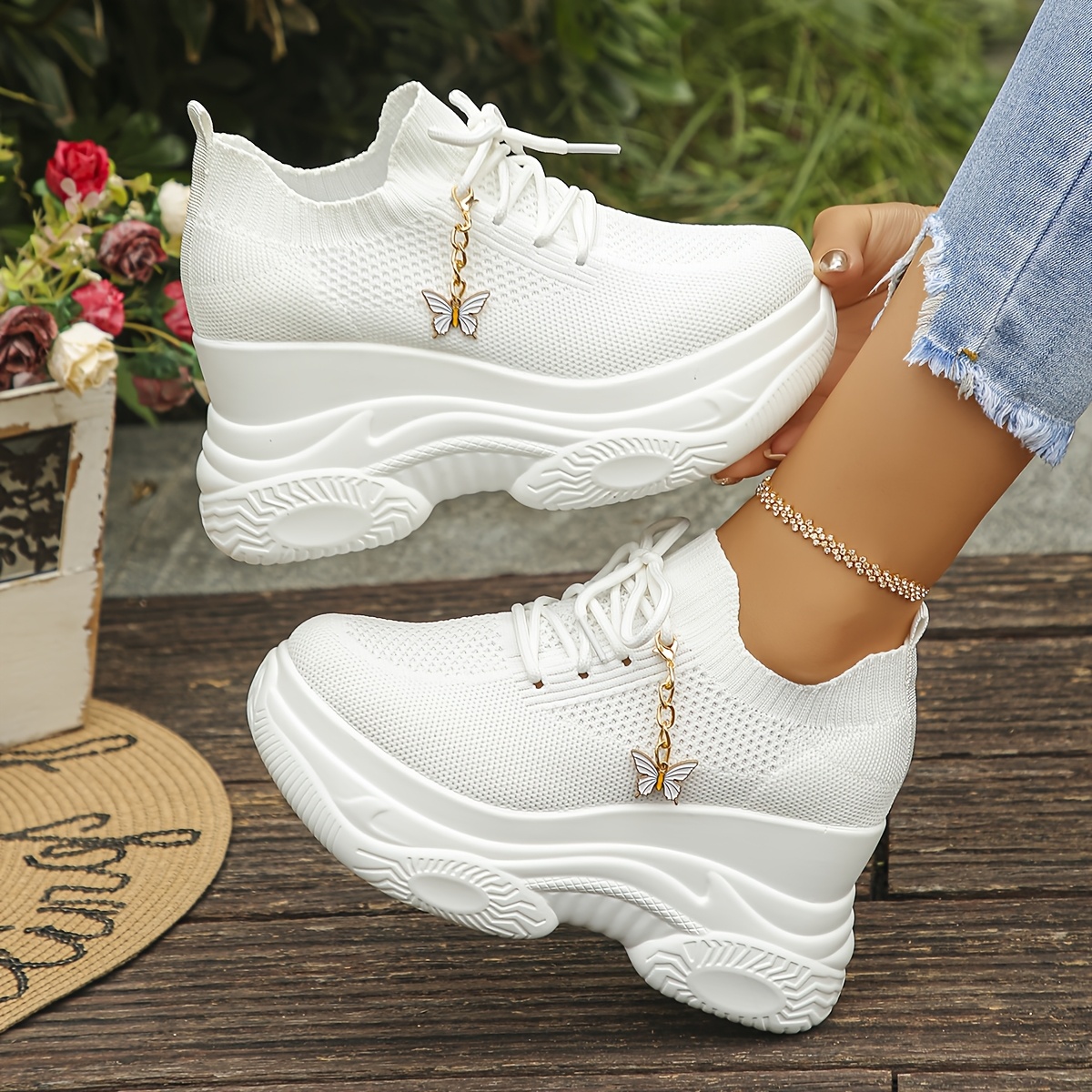 TEMU Trendy Breathable Knitted Lace-up Platform Sneakers With A Side Metal Pendant Design., Women Shoes