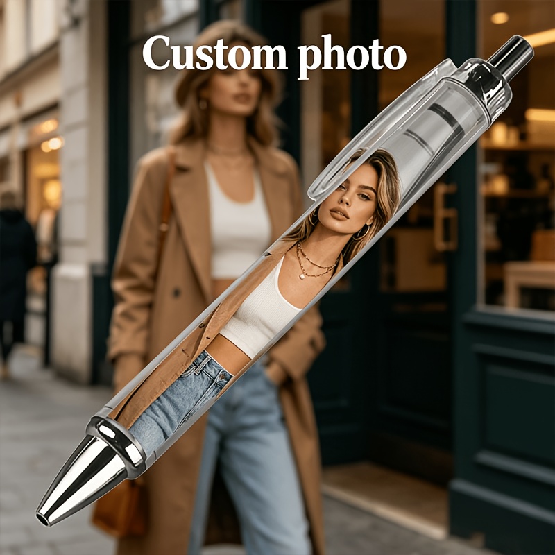 Image of Custom Photo Retractable Black Neutral Pen, Personalized Parisian Street Style Fashion Portrait Printed Ballpoint Pen, Custom Trendy Urban Model Image Ink Pen, Customizable