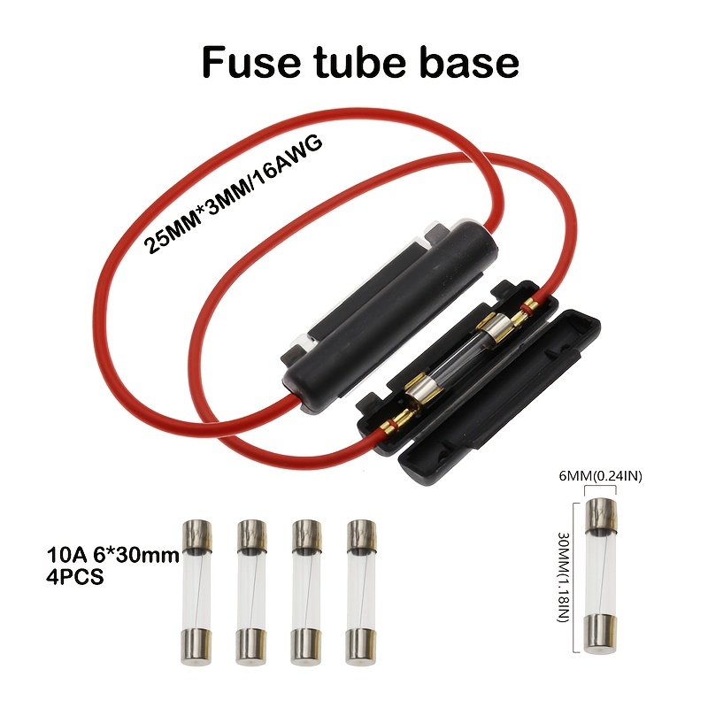 TEMU 2 pezzi Base per tubo fusibile 6 X 30 mm, 16AWG, Porta fusibile a scatola 6X30, Scatola fusibili (4 pezzi 10A 6 X 30 mm tubo fusibile)