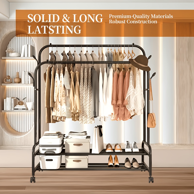 Sturdy Metal Double-Rail Garment Rack with Wheels -Portable Clothing Rack with Shelves And Hooks -Heavy-Duty Clothes Hanger Stand- Multifunctional Bedroom Closet Organizer -Black