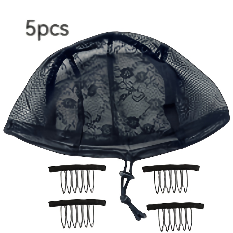 TEMU Elastic Stretch Wig Net Cap Black 5pcs Set, Elastic Adjustment Net Cap 1pc, 6-tooth Ponytail Clip 4pcs Black, Wig Net Cap Net, Elastic Wig