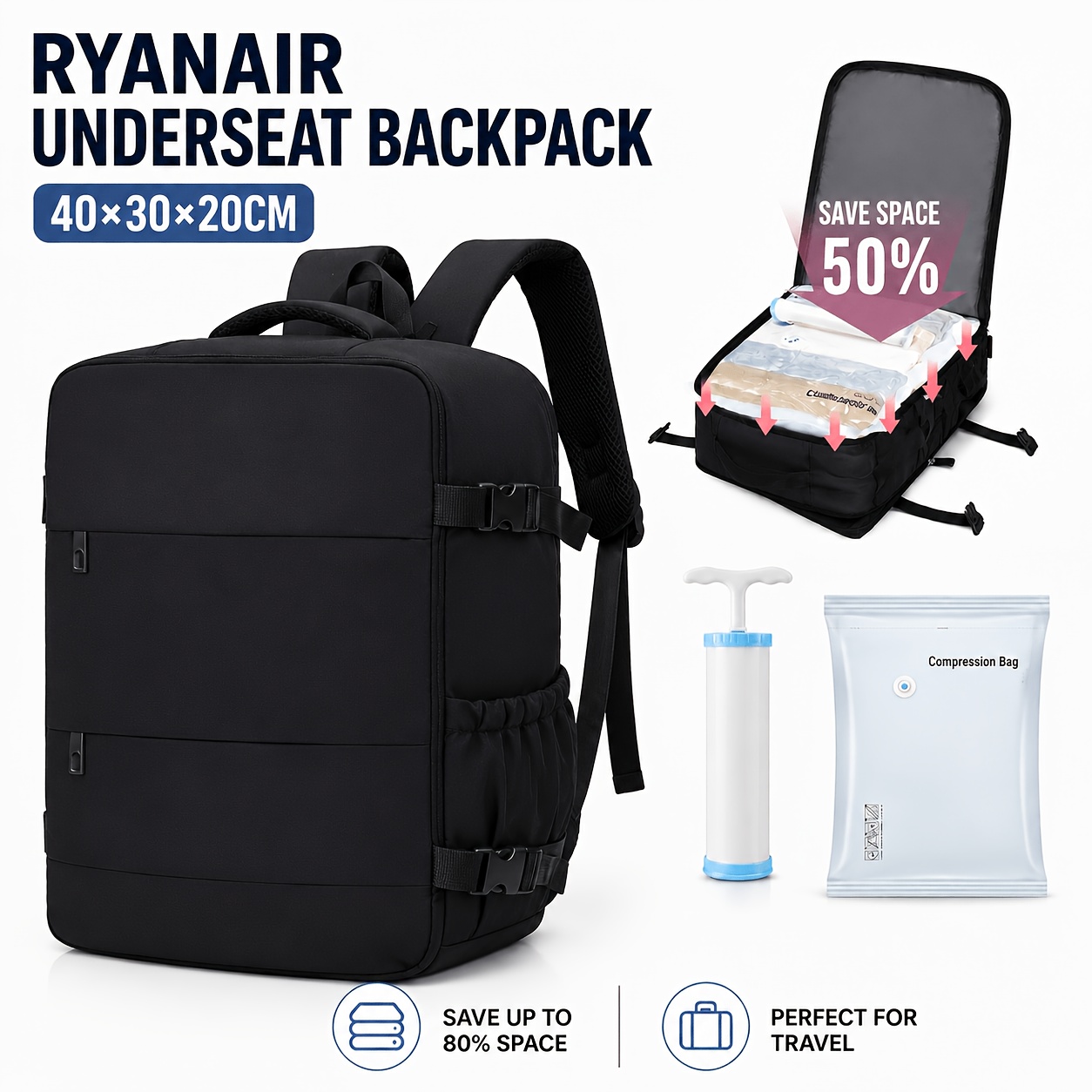 TEMU Mochila de Ryanair para debajo del asiento 40x30x20cm, bolsa de viaje de compresión al vacío con bolsas de embalaje separadas y bomba, bolsillo
