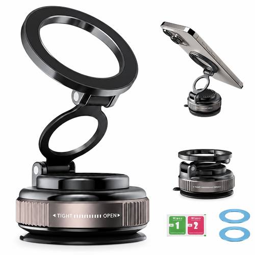 imagen del artículo soporte para teléfono de 5 piezas (1 juego), soporte magnético triple giratorio 360°, plegable y retráctil, material de aleación, compatible con iphone 17/16/15, para dormitorio y exteriores, 1 soporte para teléfono, 2 anillos magnéticos, 1 base y 2 de limpieza