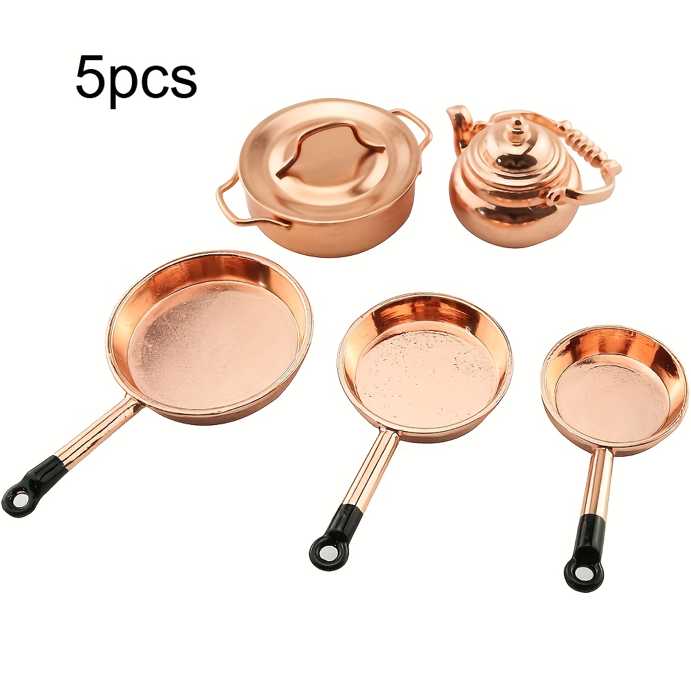3pcs/5pcs Miniature Cookware Set - 1/12 Scale Frying Pan With Lid And Copper Tart Pan, Great For Christmas And Birthday Gifts, Mini Kitchen Decor, Mini Utensils, Pots And Pans For Dollhouses