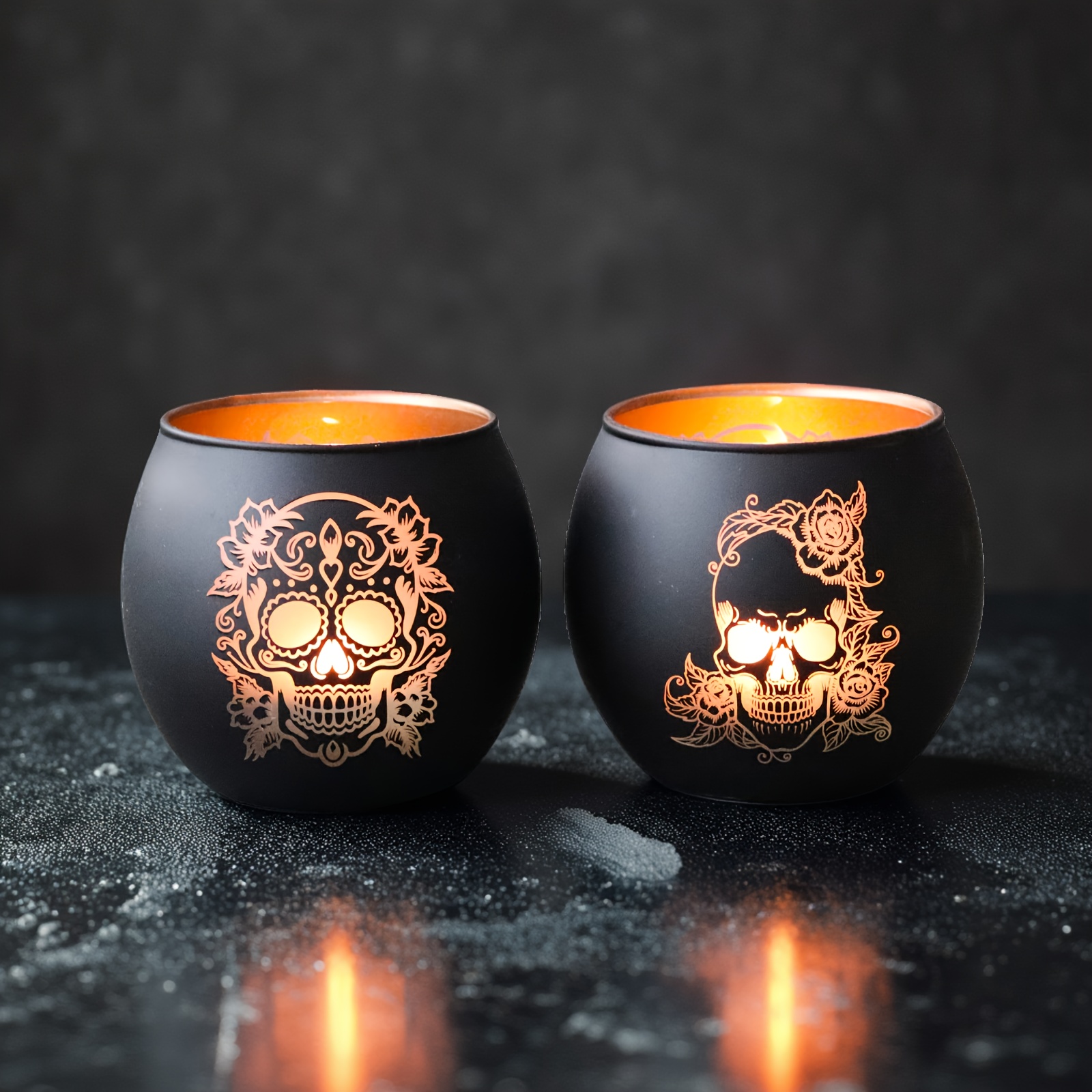 E-shop 2er-Set, Gothic Glas-Kerzenhalter mit Totenkopf-Print für Damen, lebendiges mexikanisches Totenfest-Design mit floralen Mustern, rote und