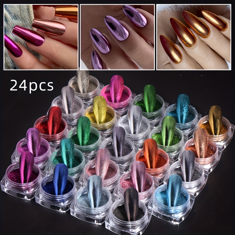 

24-piece Set Of Glitter And Holographic Nail Art Mirrors For , Reflective