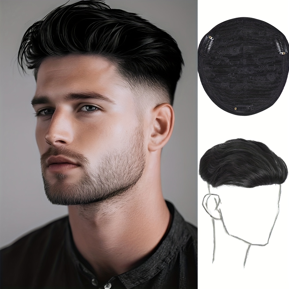 TEMU Parrucchino Clip-On - Capelli per Calvizie e Diradamento, Stile Business con Capelli Lisci, Base Clip-On per Volume e Copertura Istantanei, a