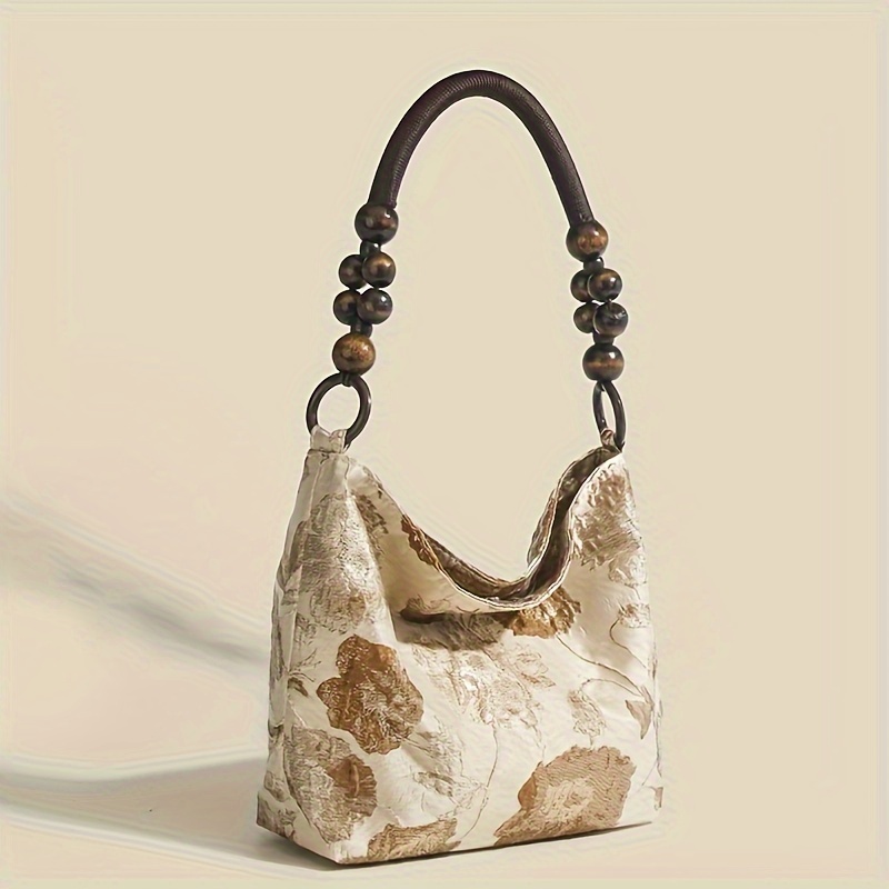 

Boho Chic Vintage Floral Print Shoulder Bag With Traditional Chinese Wooden Bead Handle, Armpit Hobo Handbag, Bucket Purse