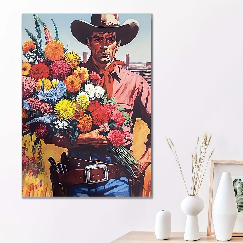 

Vintage Western Cowboy With Flowers Canvas Print, Wall Art Poster, Classic Abstract Artwork, For Living Room, Bedroom Wall Decor, Home Decoration, Fit, With No Feathers, Electricity-free