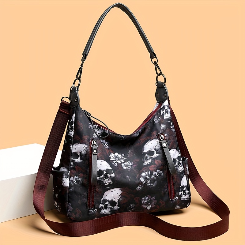 

Women's Elegant Shoulder Bag, Multi-pocket, Floral And Skull Motif, Crossbody Tote, Commuter Bag, Work Bag, Multi-functional Handbag For Travel