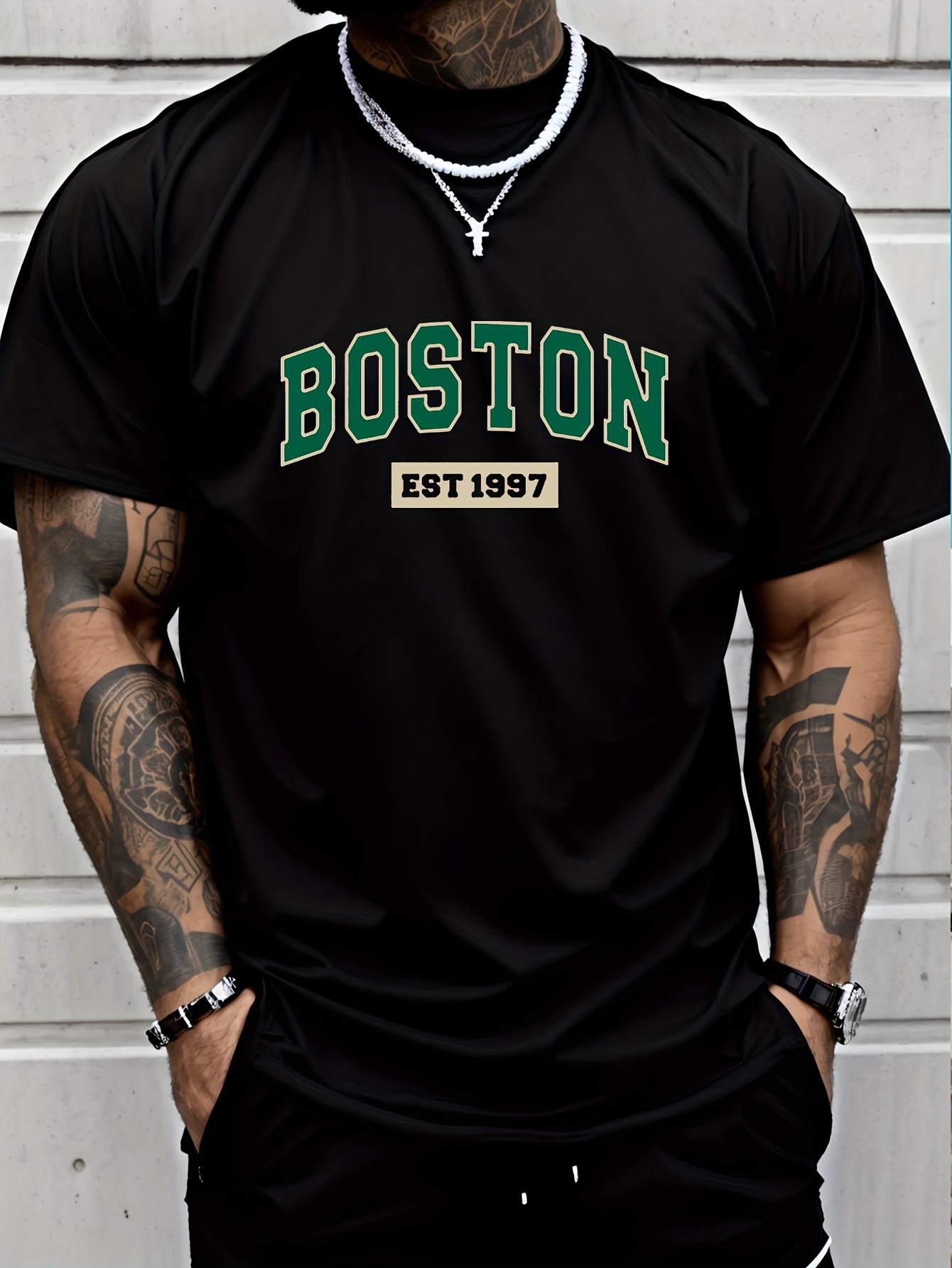 Men'S Boston Est. 1997 Graphic Print T-Shirt, Casual Crew Neck Short Sleeve Tee with Slight Stretch, Regular Fit, Letter Pattern Design, Perfect for Sports or Leisure Activities, Leisure Clothing | Trendy Crew Neck | Versatile Style