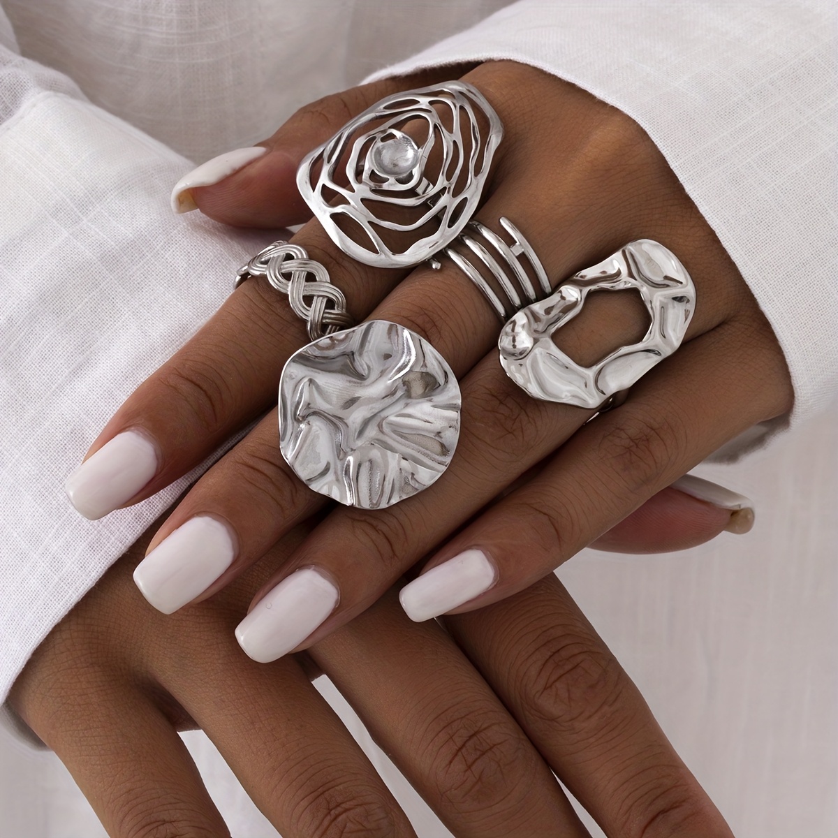 Image of 5pcs Set 304 Stainless Steel Women's Ring Collection, Geometric Irregular Line Texture Design In Silvery-gray, Open-end Ring Set, Suitable For Parties, Weddings, And Daily Wear
