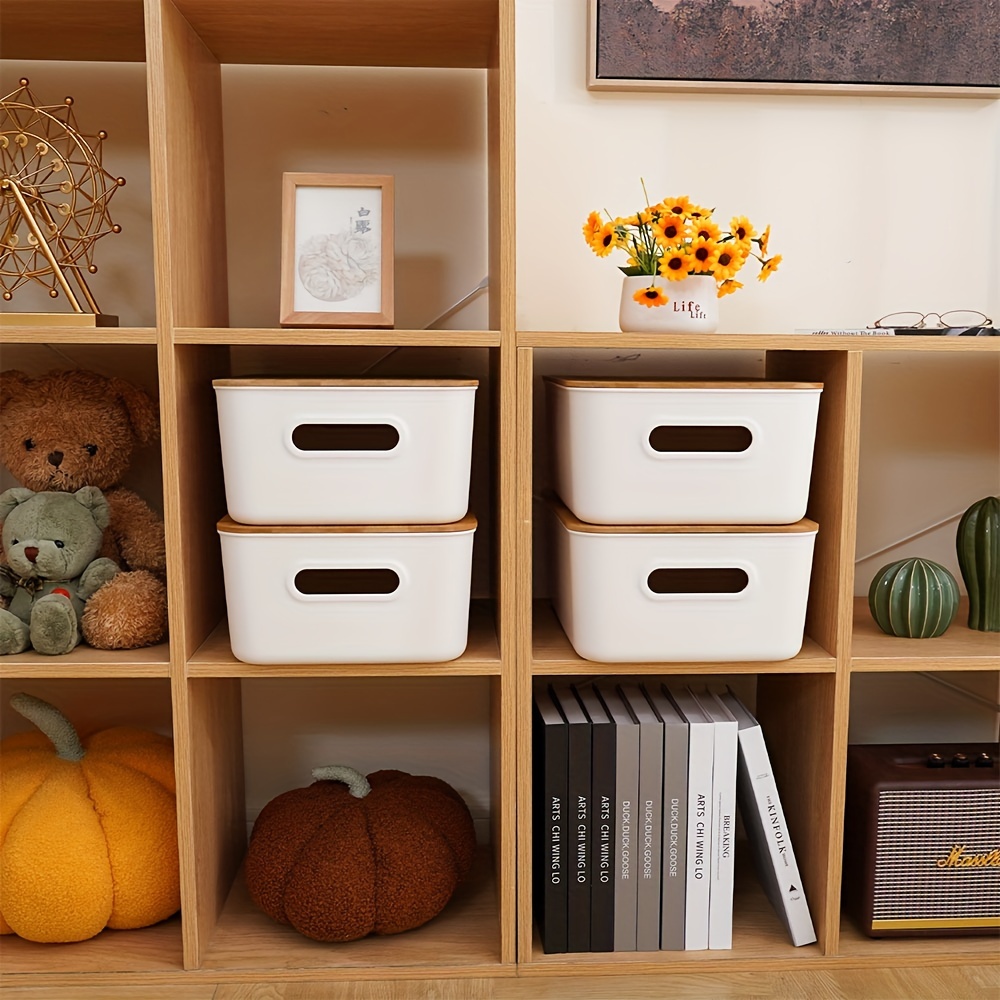 

4pcs Storage Bins With Bamboo Lids, Plastic Storage Containers For Organizing, Stackable Storage Box, Easy Carrying Storage Box