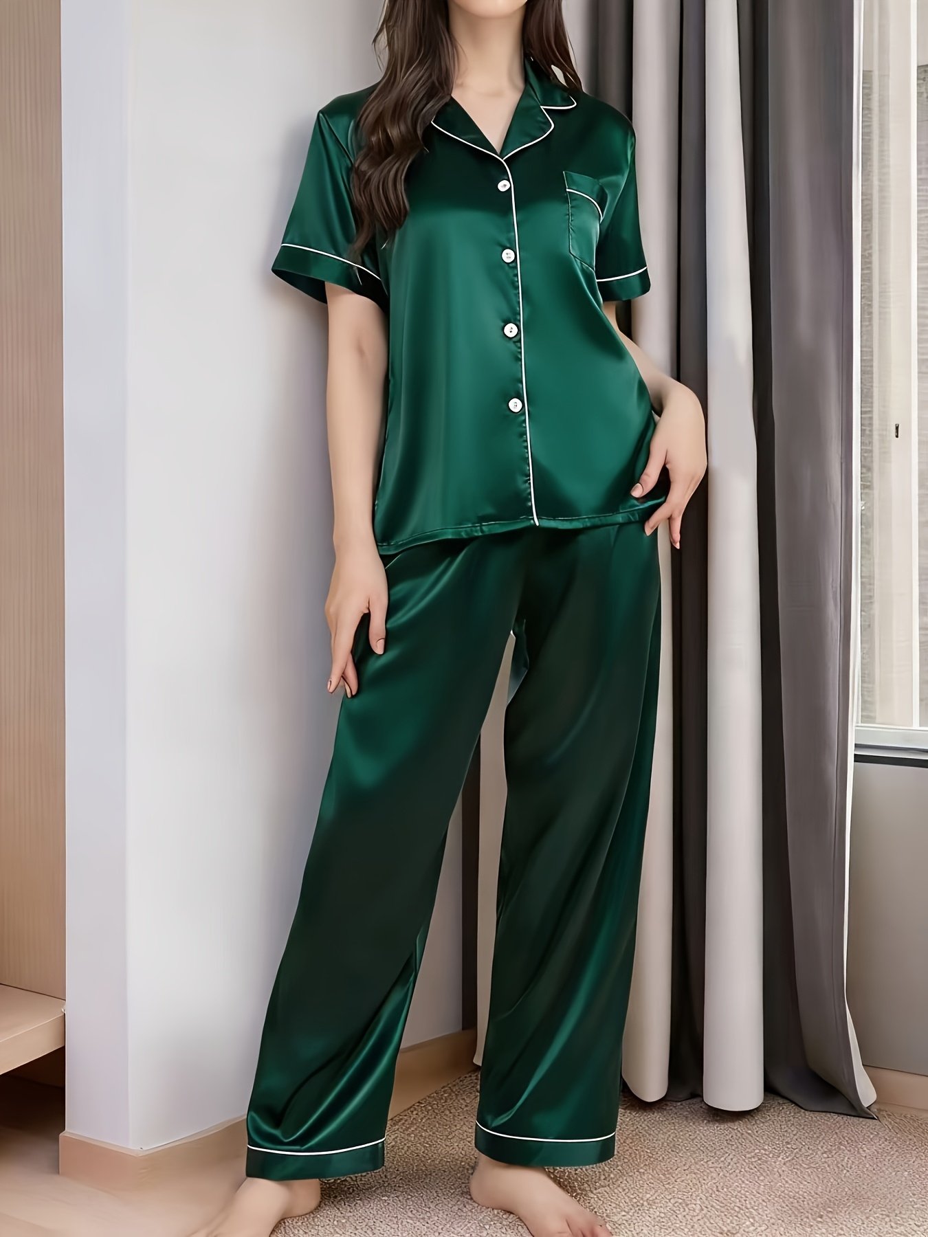 satin spring and summer loungewear for women featuring short sleeves long pants a easy design and a collared cardigan Product details 17