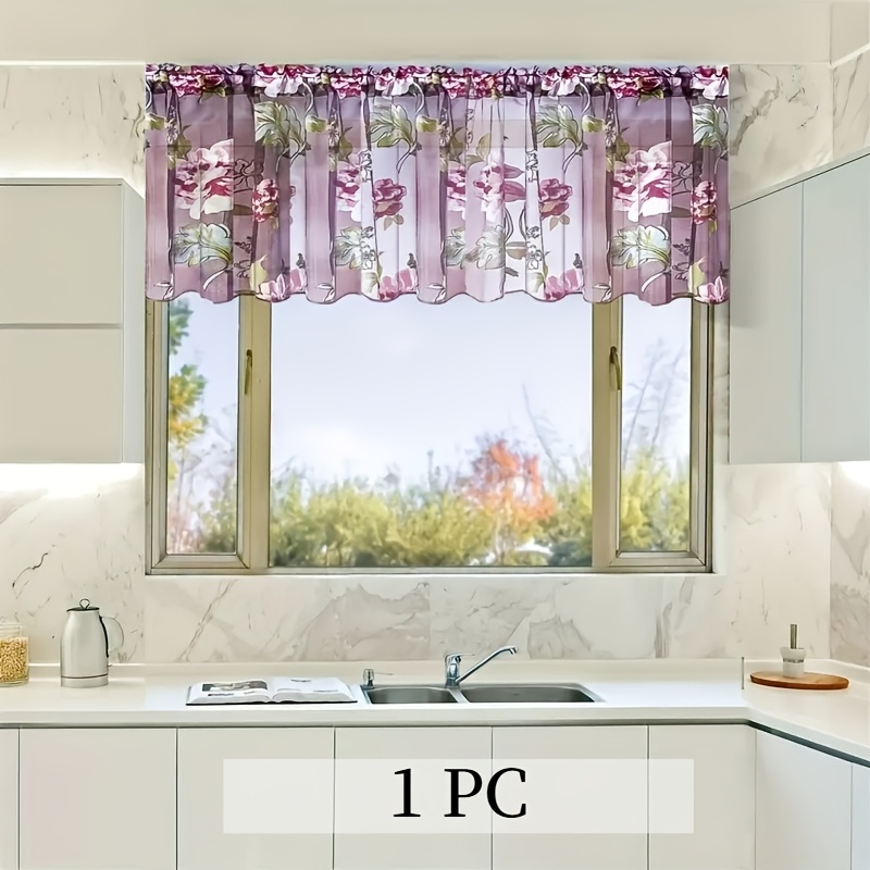 1pc/2pcs Set Of Purple Floral Gauze Suitable For Kitchen Bathroom Cafe Short Curtains