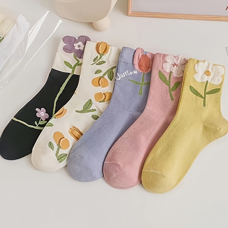 

5pcs Women's Mid-calf Floral Socks - With 3d Design, Soft Rayon , Machine Washable - Spring, Summer & Assorted Colors, Cute Socks