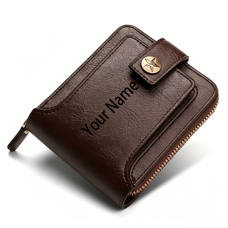 TEMU 1pc Custom Men's Name Wallet Gift, Fashionable Brown Wallet With Engraving Design, Snap Closure Zipper Card Bag, Elegant Father's Day Special