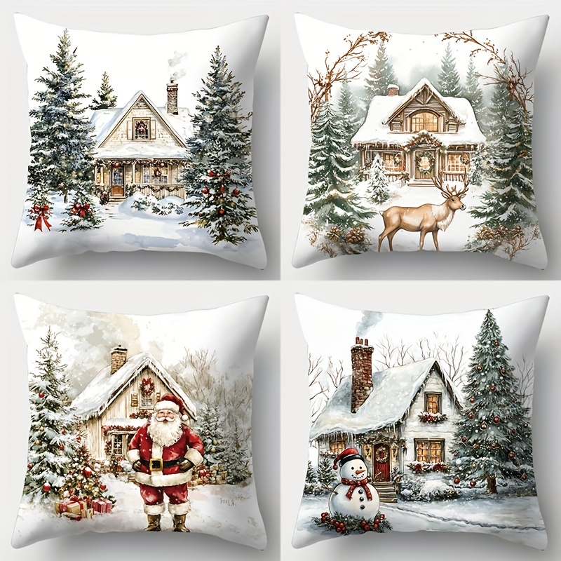 TEMU 4pcs Housses de Coussin de Noël - Père Noël, & Scènes d'Hiver, 17.72" x 17.72", Décoration Festive pour Salon, Canapé, Lit & Chambre, Polyester